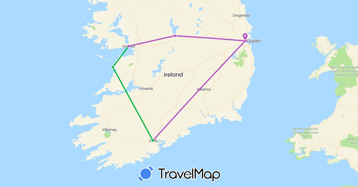 TravelMap itinerary: driving, bus, train in Ireland (Europe)